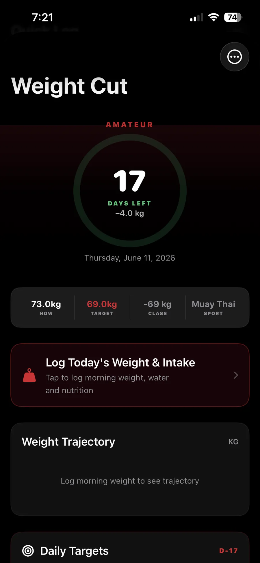 Versus Training Fight Week dashboard: D-4 countdown showing 4 days left to a BJJ sport competition, camp week 8 of 8. Today's Protocol card flags Moderate Rounds: pull back intensity, positional sparring only, no all-out rounds. Below: Opponent Scout shortcut and Weight Cut shortcut.