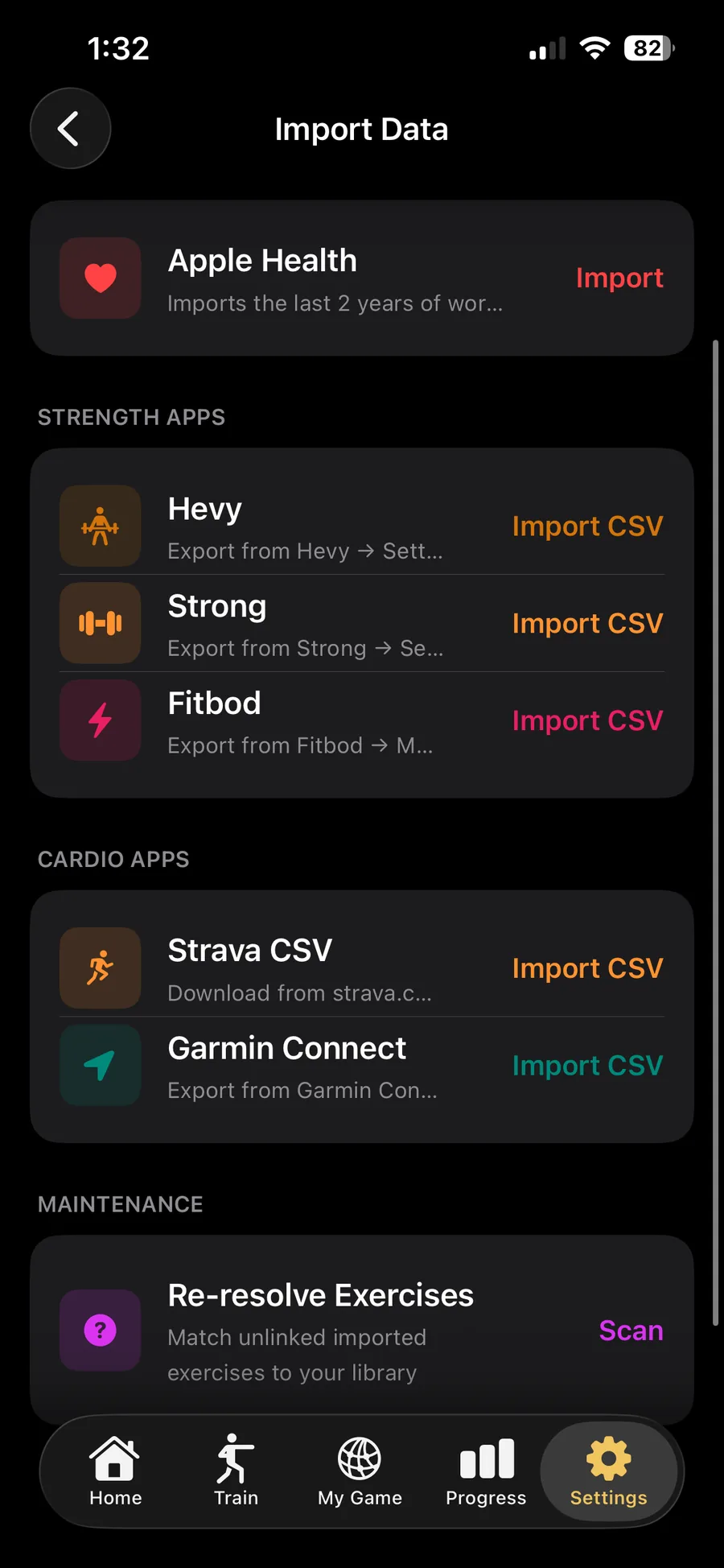 Versus Training Import Data screen: Apple Health card at the top (imports the last 2 years of workouts), Strength Apps section listing Hevy, Strong, Fitbod with Import CSV actions, Cardio Apps section listing Strava CSV and Garmin Connect, and a Maintenance section with Re-resolve Exercises to match unlinked imports to the exercise library.