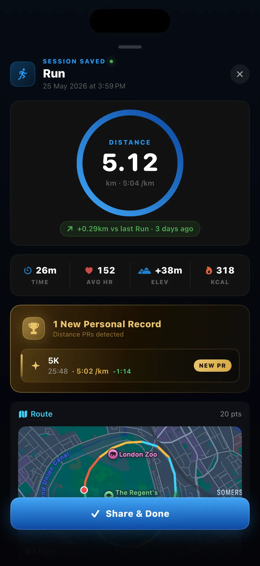 Versus Training Run session saved: Distance 5.12 km at 5:04 /km pace, +0.29 km vs last run 3 days ago. Stats row: 26m time, 152 avg HR, +38m elevation, 318 kcal. 1 New Personal Record: 5K NEW PR at 25:48, 5:02 /km, 1:14 faster than previous. Route map preview below.