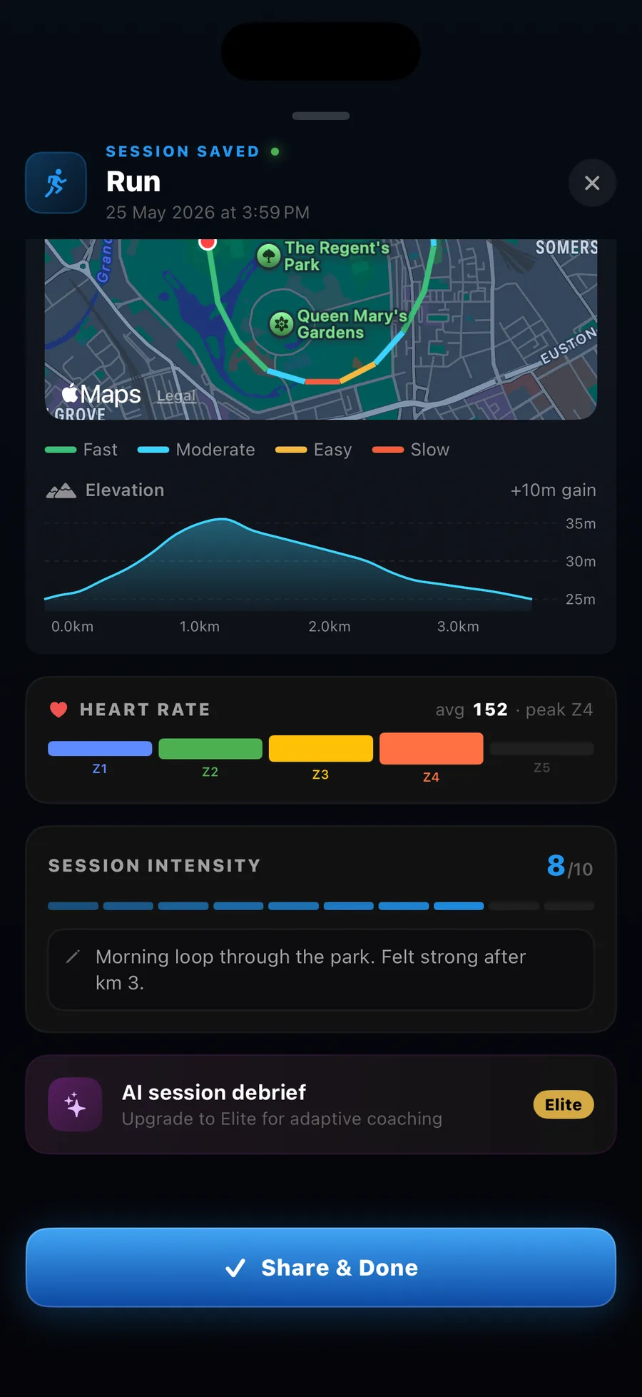 Versus Training Run session detail: Apple Maps route through Regent's Park colour-coded by pace (Fast / Moderate / Easy / Slow). Elevation chart shows +10m gain across 3 km. Heart Rate distribution across zones Z1–Z5 with Z4 peak (avg 152). Session intensity 8/10. Note reads 'Morning loop through the park. Felt strong after km 3.' AI session debrief card prompts an Elite upgrade for adaptive coaching.