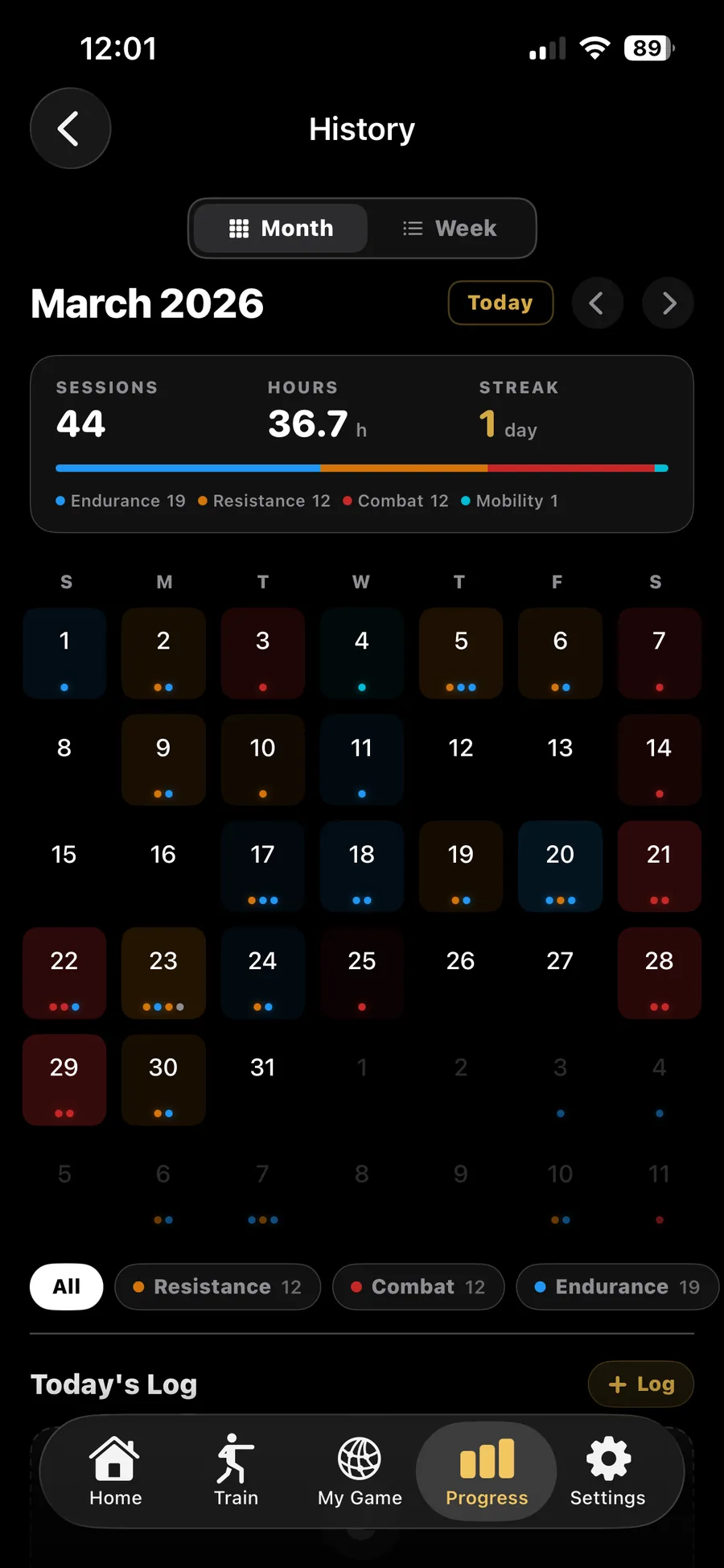 Versus Training History screen showing March 2026 month view: 44 sessions, 36.7 hours, 1 day streak, with a stacked modality bar (Endurance 19, Resistance 12, Combat 12, Mobility 1) and a calendar grid where each day shows colour-coded dots for the modalities trained. All / Resistance / Combat / Endurance filter chips at the bottom.