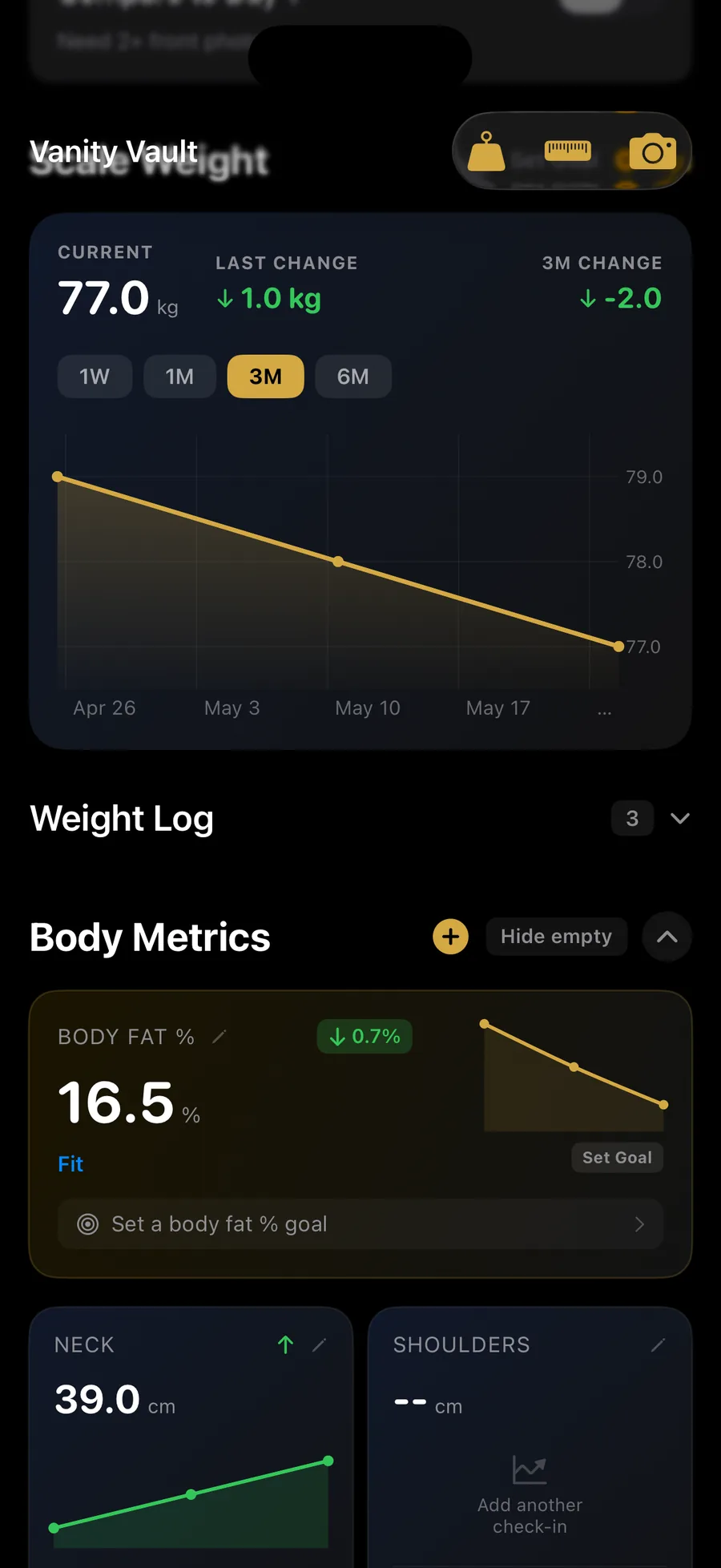 Versus Training Vanity Vault scale + body metrics view: Scale Weight 77.0 kg, last change -1.0 kg, 3-month change -2.0 kg, with a 3-month trend line. Below: Body Metrics including Body Fat 16.5% (down 0.7%), Neck 39.0 cm with a small trend chart, and a Shoulders card prompting to add a check-in.