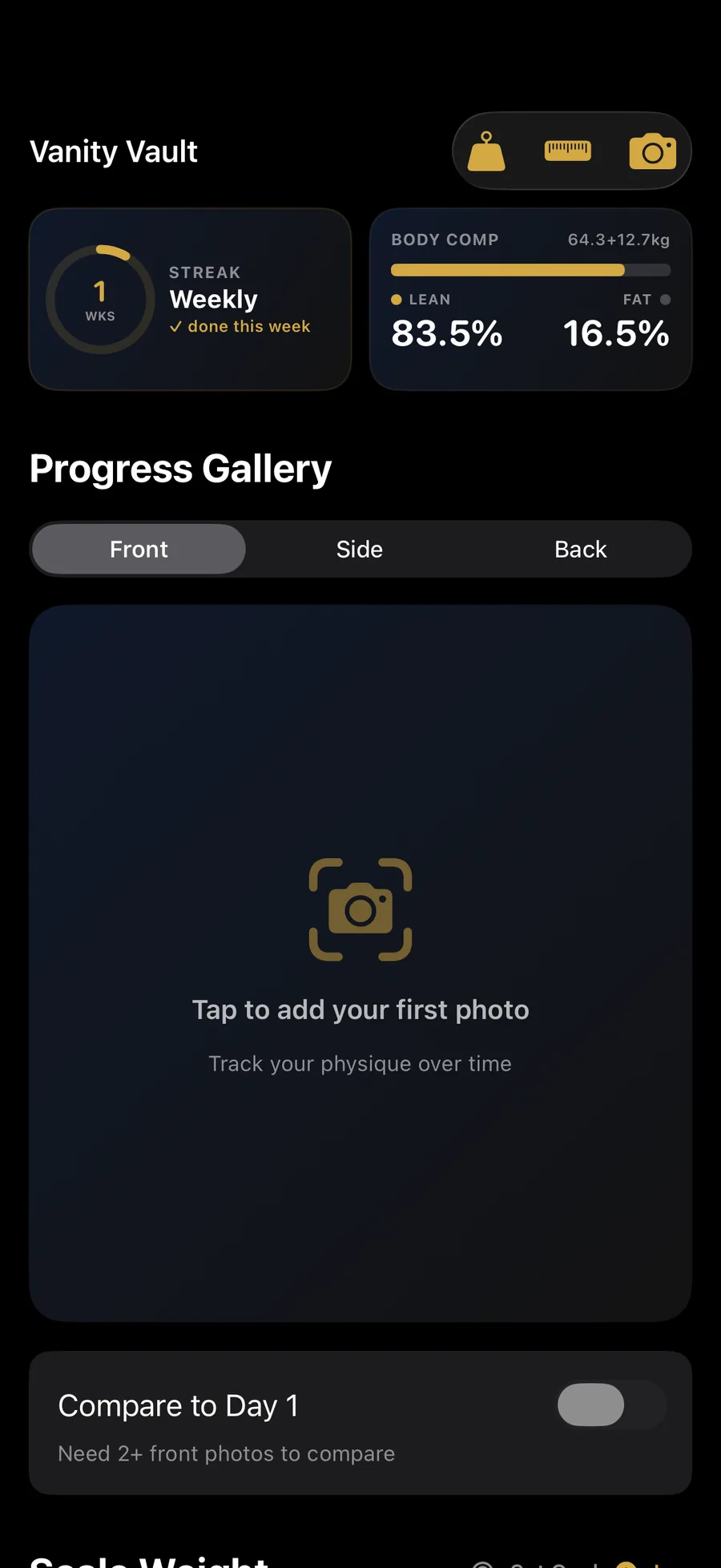 Versus Training Vanity Vault overview: weekly streak card (1 week, done this week), Body Comp bar showing 64.3 + 12.7 kg (Lean 83.5%, Fat 16.5%), and a Progress Gallery with Front, Side and Back tabs prompting the user to add their first photo.