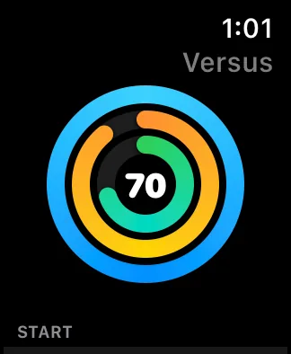 Versus Training Apple Watch face showing today's readiness: three concentric rings in green, orange and blue around a centre score of 70, with the Versus name in the top right and a START prompt below.