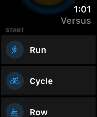 Versus Training Apple Watch START menu listing endurance activity options: Run, Cycle, Row, each with a coloured icon, ready to launch a session standalone from the watch.